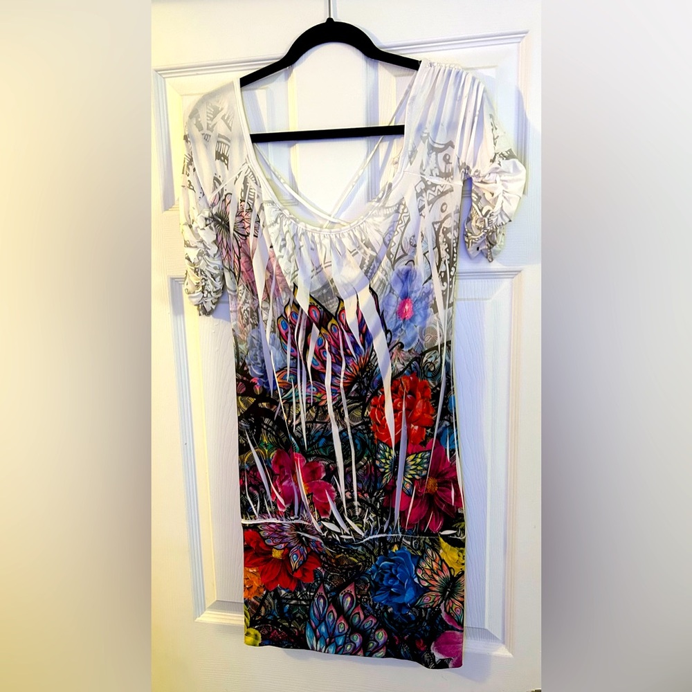 Unknown - Large - White Floral Cut Out Back Mid Dress